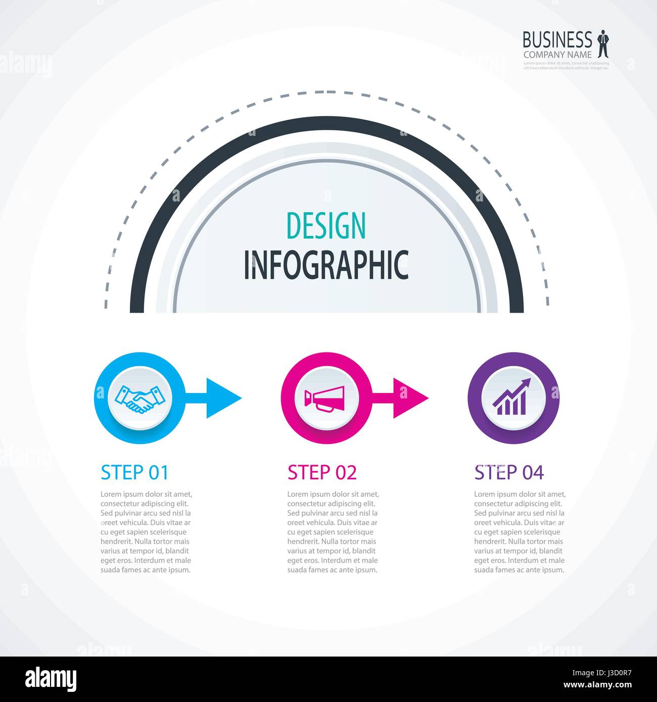 Chronologie d'infographies avec 3 cercles étapes nombre d'options. Peut être utilisé pour la mise en page, flux de données, diagramme, bannière, web design. Illustration de Vecteur