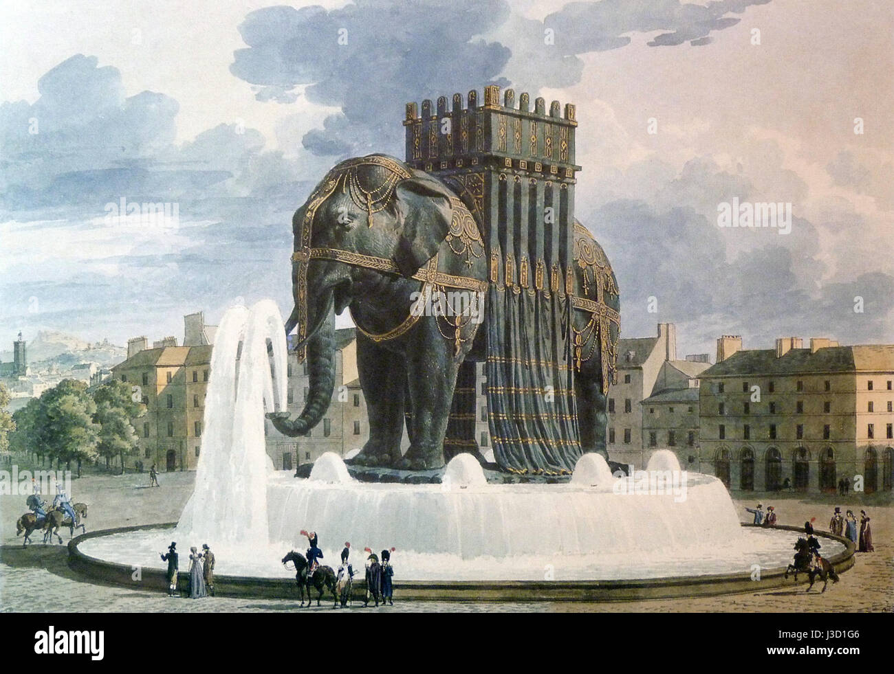 'Elephant de la Bastille' est une aquarelle de Jean Alavoine. Il représente la célèbre sculpture d'éléphant qui faisait partie du monument de la Bastille à Paris, symbolisant la force et la révolution. Banque D'Images