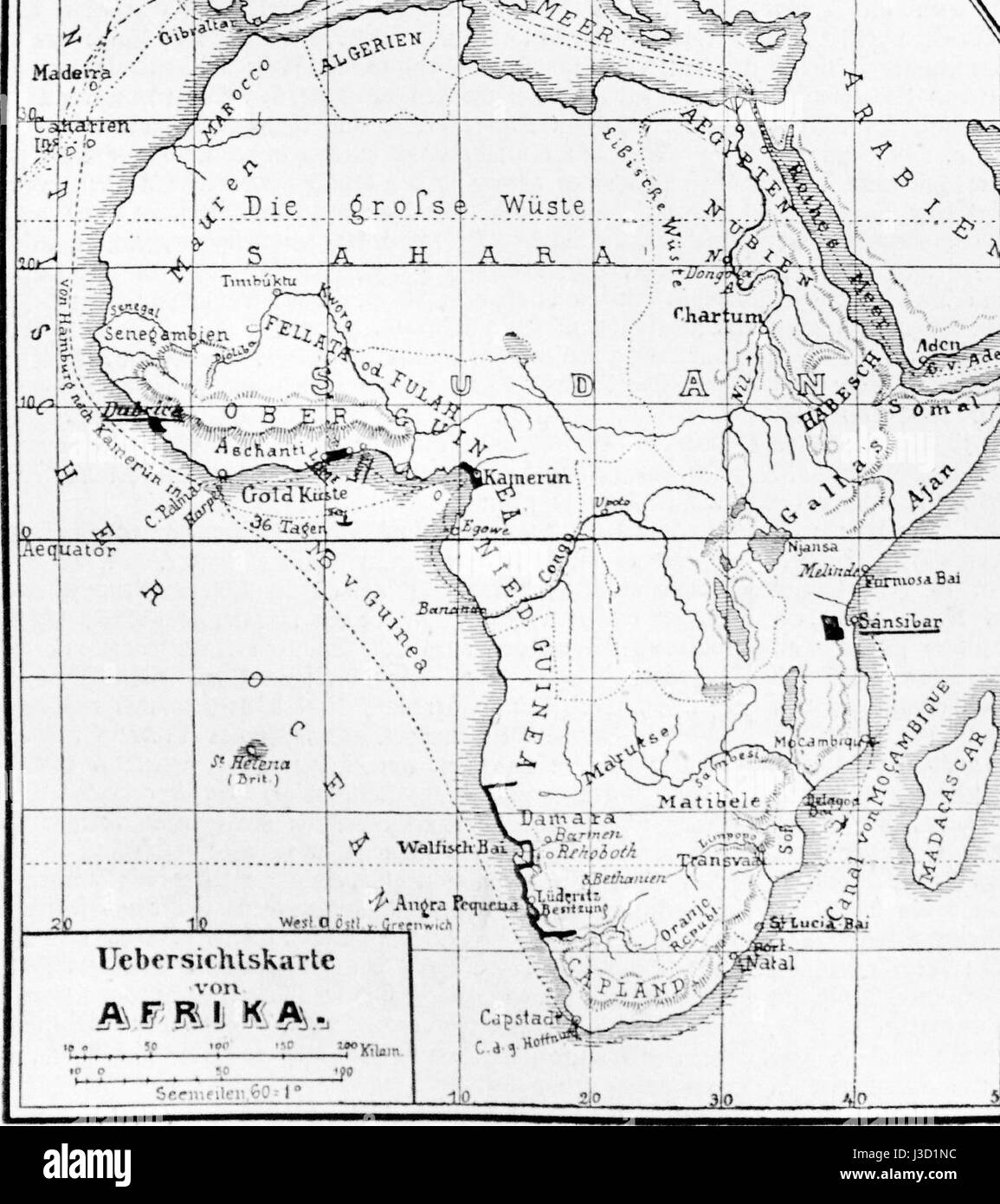 La carte de 1885 des colonies allemandes en Afrique illustre les acquisitions territoriales faites pendant la période de l'impérialisme européen. Cette carte met en évidence les régions contrôlées par l'Allemagne au plus fort de l'expansion coloniale. Banque D'Images