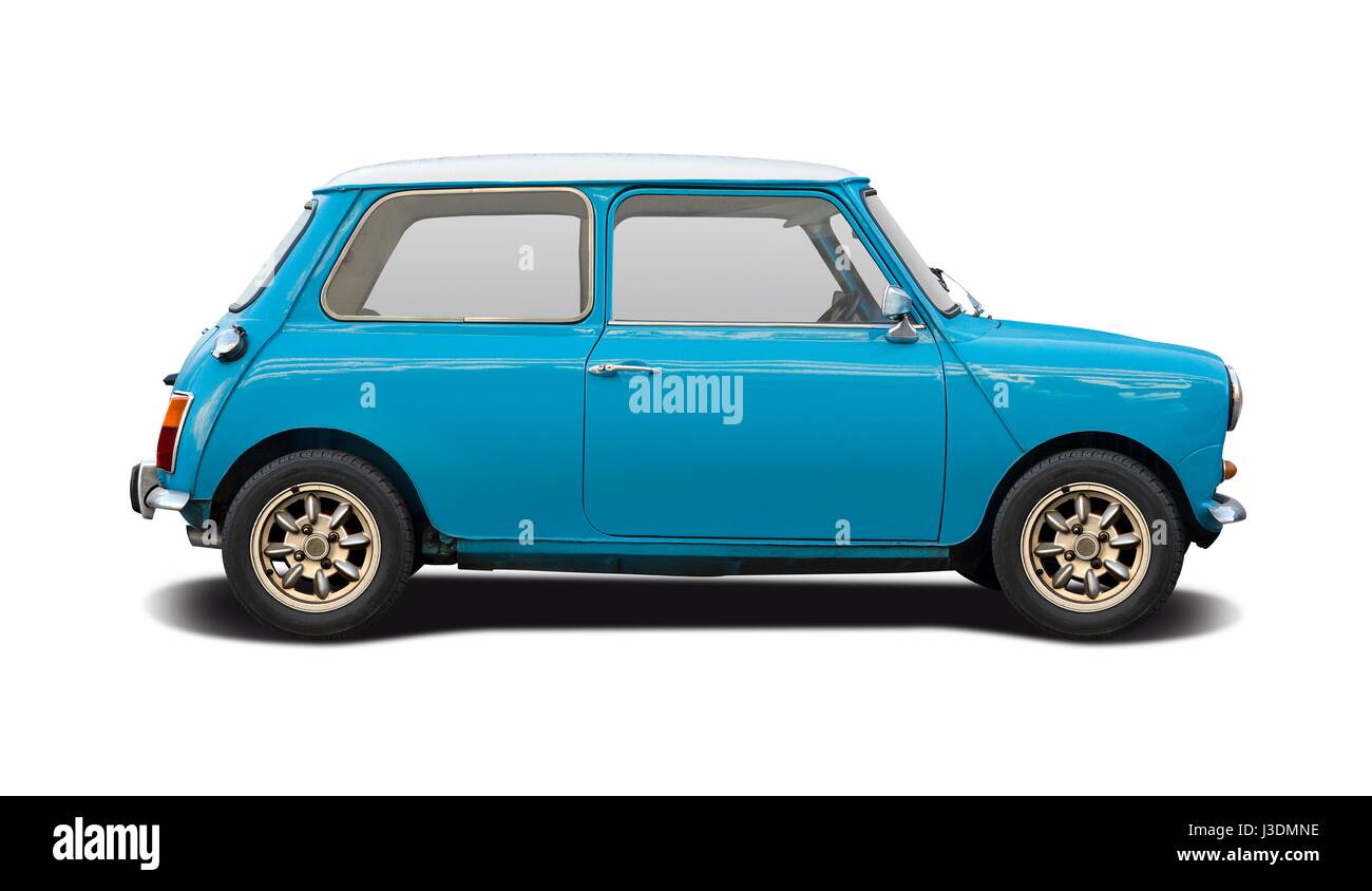 Classic British mini car side view isolated on white Banque D'Images