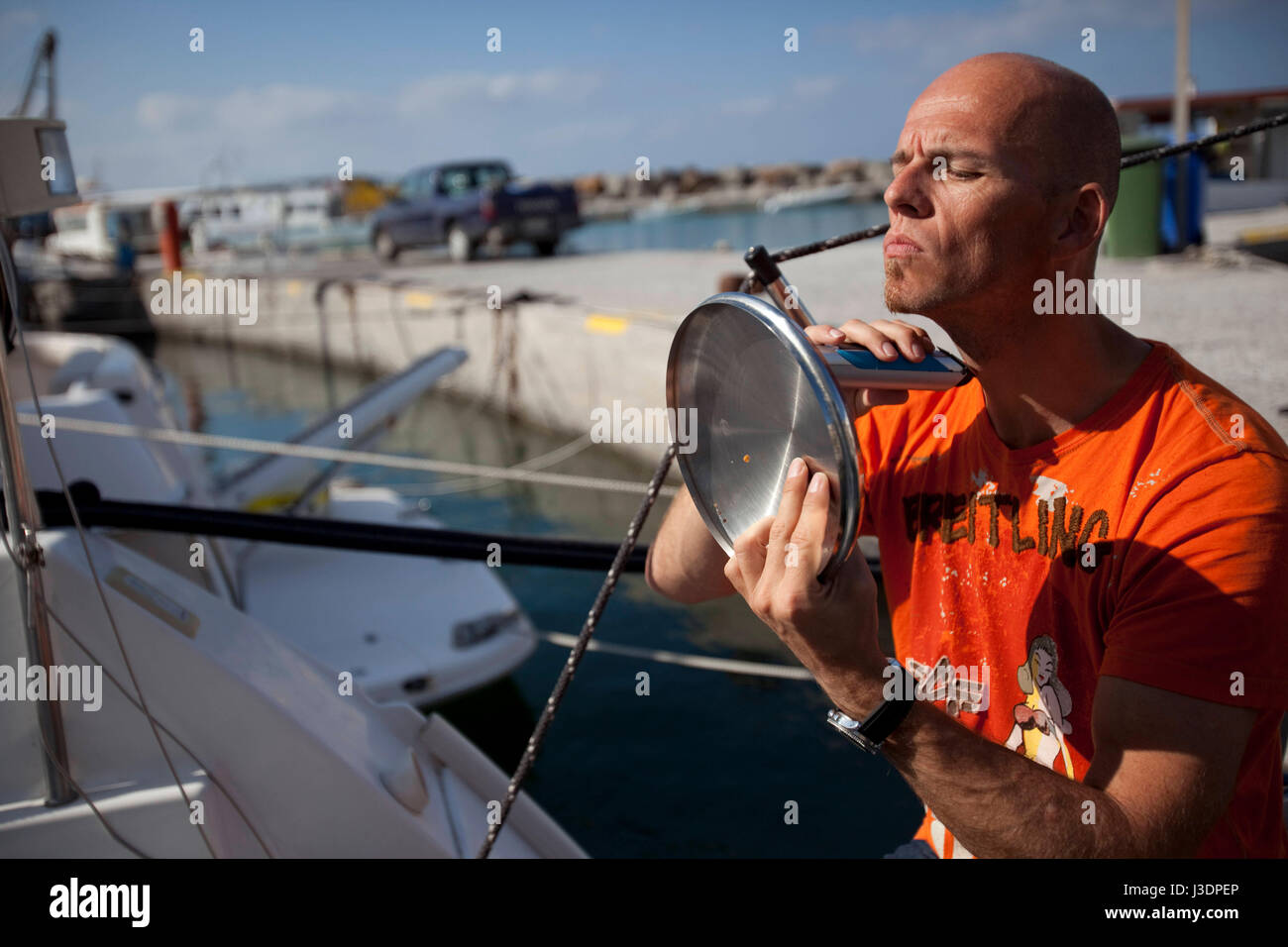 Détenteur du record du monde d'apnée à Herbert Nitsch le camp de formation à Santorin, Grèce Banque D'Images