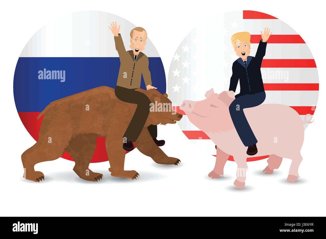 Donald Trump et Vladimir Poutine sont équitation un cochon et un ours. Dans le contexte de l'American et drapeau russe. Illustration pour votre conception. Pr Illustration de Vecteur