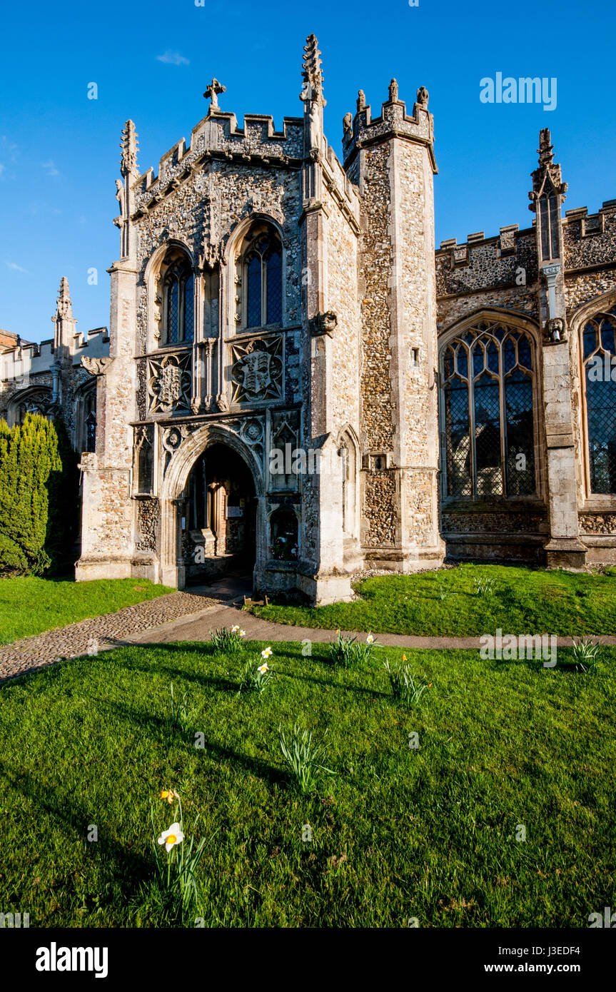 Détail de Thaxted Église Paroissiale SAINT JEAN BAPTISTE AVEC NOTRE DAME ET ST LAURENCE, Essex, Angleterre Banque D'Images