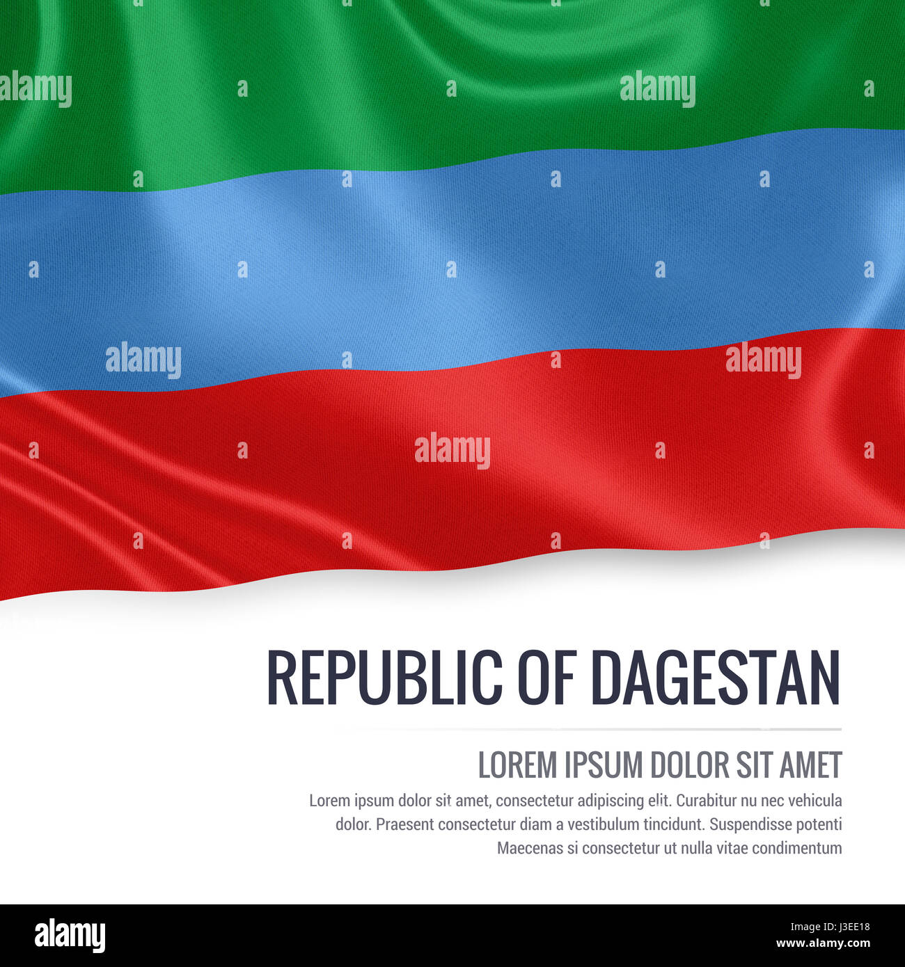 L'Etat russe République du Daguestan drapeaux sur un fond blanc. Nom de l'état et la zone de texte pour votre message. 3D illustration. Banque D'Images