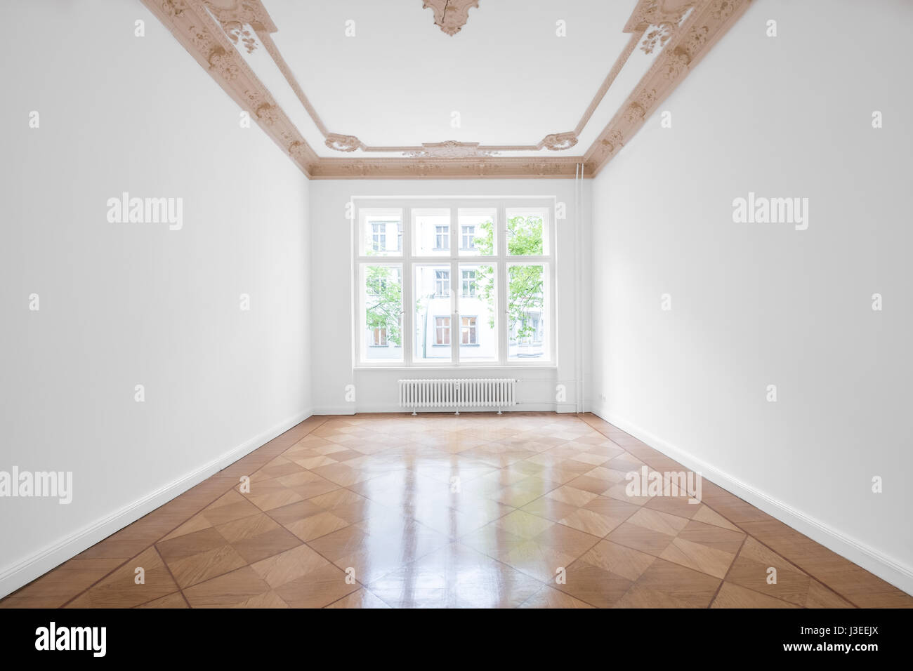 Salle vide avec parquet et plafond en stuc - nouveau rénové appartement dans immeuble ancien Banque D'Images