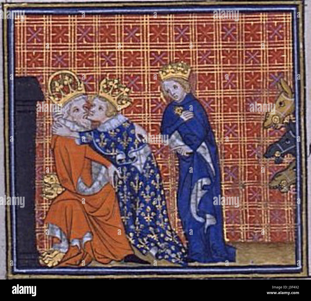 Une représentation des trois rois de France, connus pour leur importance historique dans la culture française. L'image présente des figures royales en tenue royale traditionnelle. Banque D'Images