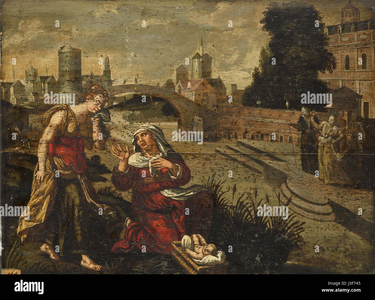 Une œuvre d'art intitulée « la fille de Pharaon trouve Moïse dans le panier » au Rijksmuseum, représentant une scène biblique. Banque D'Images