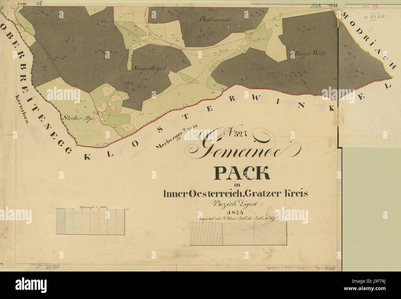 Une carte cadastrale de 1825 de l'Empire autrichien, représentant la région de Forsthaus dans le Gemeinde Pack. La carte inclut des détails sur le stocker Alm, Forsthaus et Hebalmkapelle, fournissant un aperçu historique de la géographie de la région. Banque D'Images Une carte cadastrale de 1825 de l'Empire autrichien, représentant la région de Forsthaus dans le Gemeinde Pack. La carte inclut des détails sur le stocker Alm, Forsthaus et Hebalmkapelle, fournissant un aperçu historique de la géographie de la région. Banque D'Images