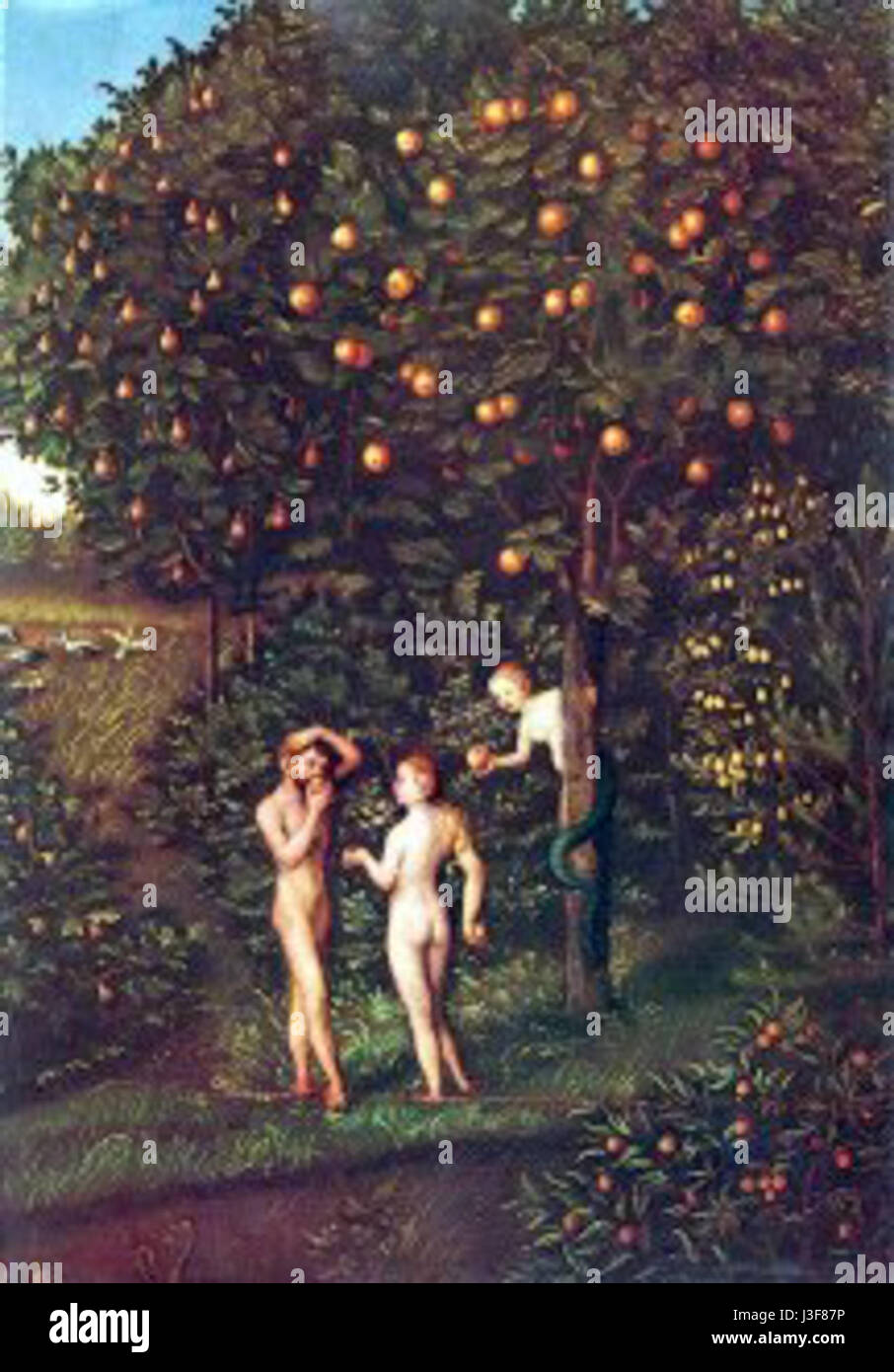 L'image représente une œuvre d'art de Lucas Cranach, intitulée 'Garten Eden' (jardin d'Eden). Cette pièce célèbre illustre l'histoire biblique d'Adam et Eve dans un jardin luxuriant et symbolique. Banque D'Images