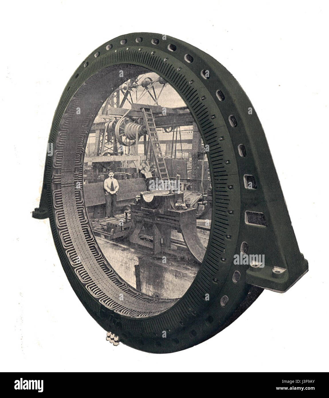 Il s'agit d'un dessin technique ou d'une spécification pour un induit fixe utilisé dans un alternateur à volant, comme décrit dans le livre « Electrical installations » de Rankin Kennedy publié en 1909, fournissant un aperçu des premières conceptions d'ingénierie électrique. Banque D'Images