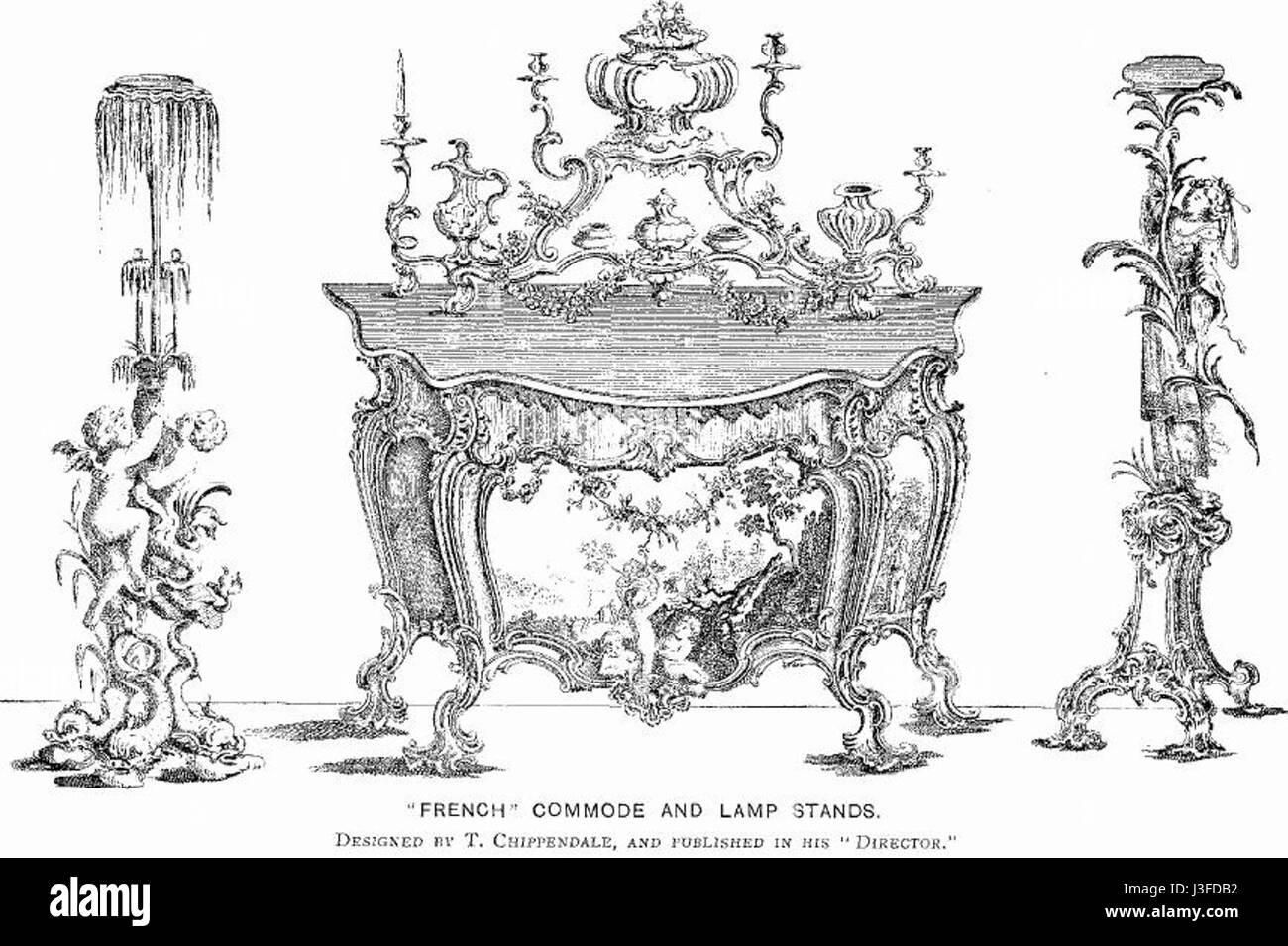 Les commodes et les supports de lampes français représentent des styles de meubles classiques de France, connus pour leur élégance et leur artisanat. Les commodes étaient largement utilisées dans les intérieurs français, souvent comme solutions de rangement dans des environnements luxueux. Banque D'Images
