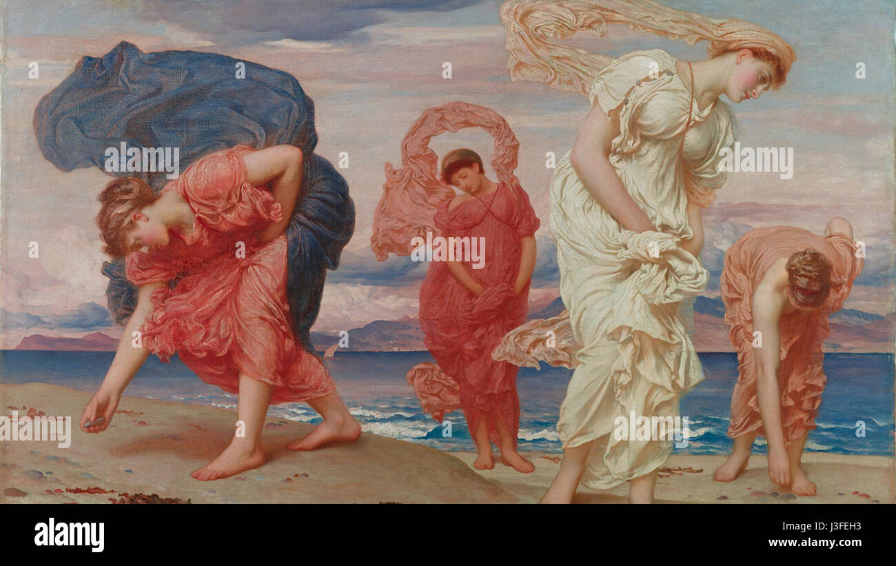 Frederic Lord Leighton's 'Greek Girls Pickking Up Pebbles by the Sea' (1871) est un bel exemple de peinture académique victorienne, mettant en valeur l'habileté de Leighton à capturer la beauté des sujets classiques et des paysages méditerranéens. Banque D'Images