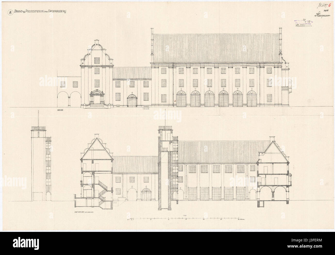 Rendu architectural du commissariat d'incendie et de police de Frederiksberg, conçu avec la fonctionnalité et la sécurité à l'esprit, représentant la planification civique du début du XXe siècle. Banque D'Images