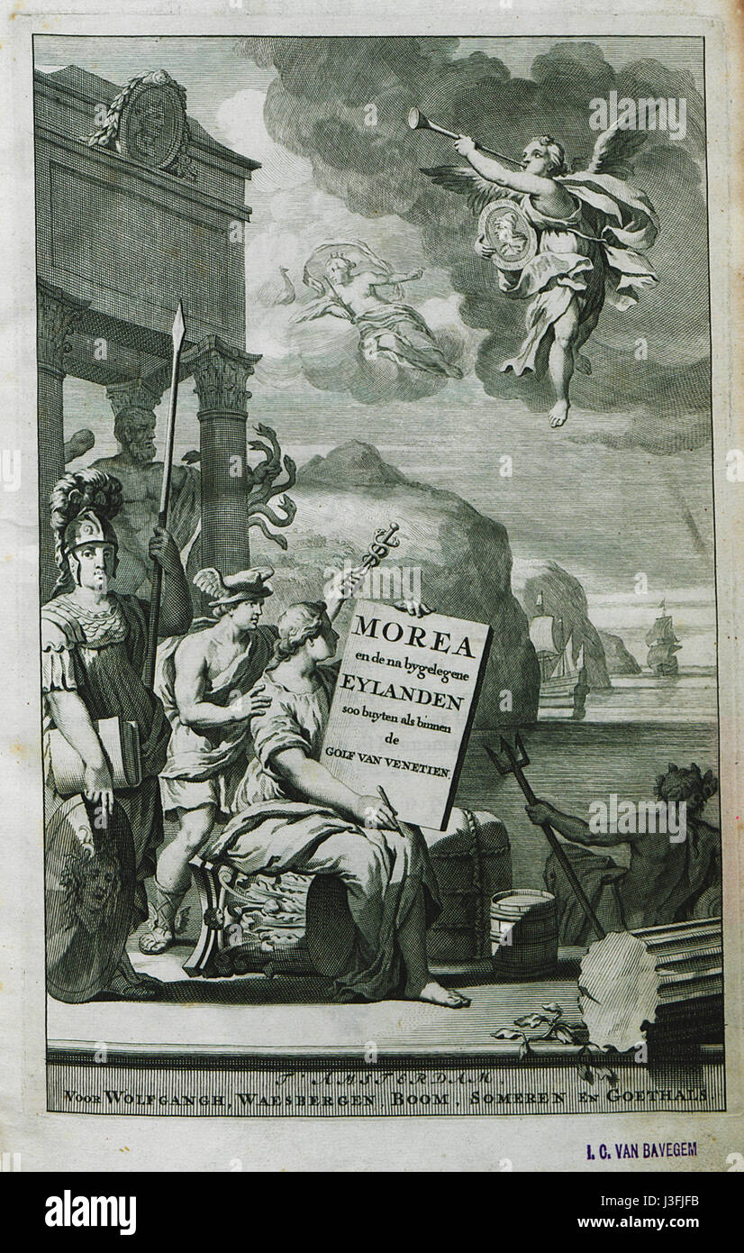 Le frontispice de l'œuvre d'Olfert Dapper de 1688 présente une scène allégorique avec des dieux grecs et des figures telles que Hercule, Persée, Hermès, Athéna et Poséidon, représentant diverses vertus et idéaux dans la mythologie classique. Banque D'Images
