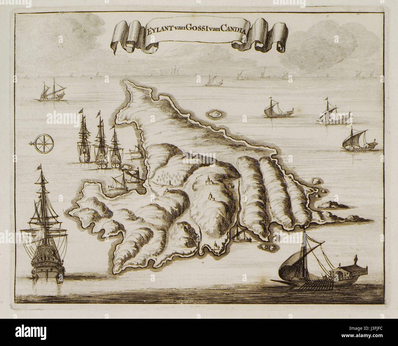 Eyland van Gossi van Candia d'Olfert Dapper (1688) est une œuvre historique et géographique qui décrit l'île de Gossi en Méditerranée, en se concentrant sur ses caractéristiques culturelles, historiques et naturelles. Banque D'Images