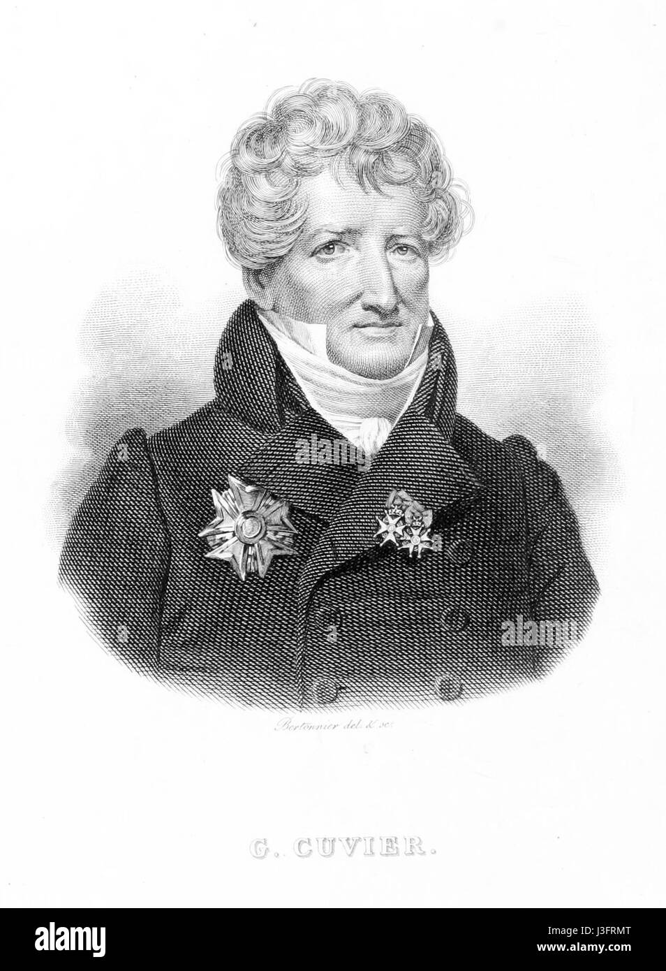 Georges Cuvier est un naturaliste et zoologiste français pionnier, reconnu pour son travail dans l'établissement de la théorie de l'extinction et ses contributions à l'anatomie comparée. Ses recherches ont considérablement avancé la compréhension de la biodiversité et des archives fossiles. Banque D'Images