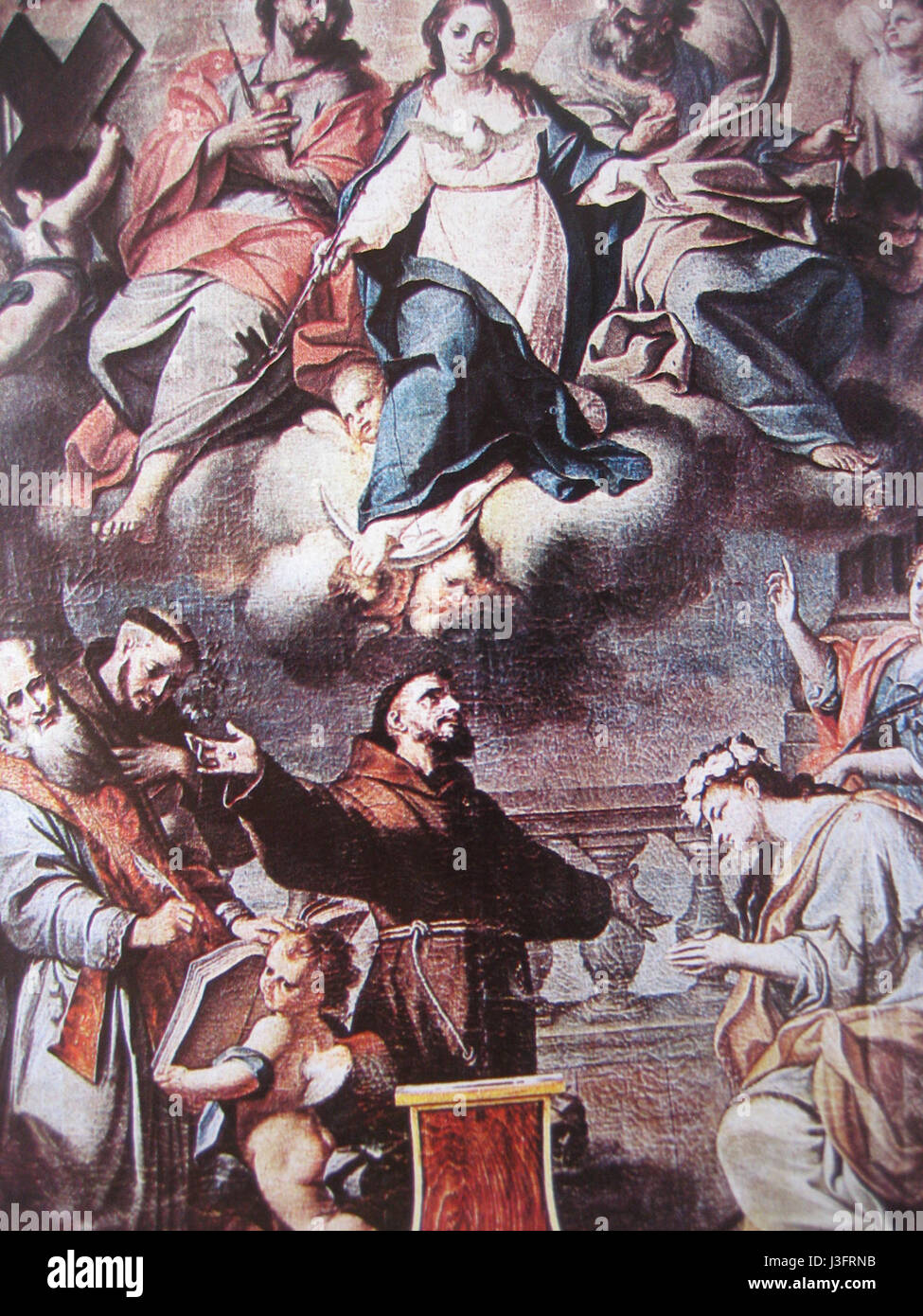 Trionfo dell'Immacolata (Triomphe de l'Immaculée) de Fedele Tirrito est une peinture religieuse représentant l'Immaculée conception. Cette œuvre du XVIIIe siècle mêle styles baroques et symbolisme spirituel. Banque D'Images