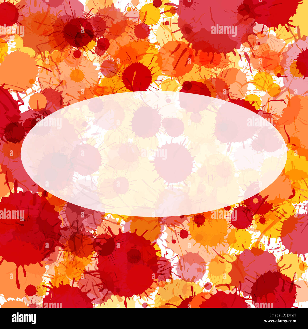 Rouge vif et orange fond gouttes de peinture aquarelle artistique. Carte de vœux ou modèle d'invitation avec ellipse semi-transparent pour le texte du châssis Banque D'Images