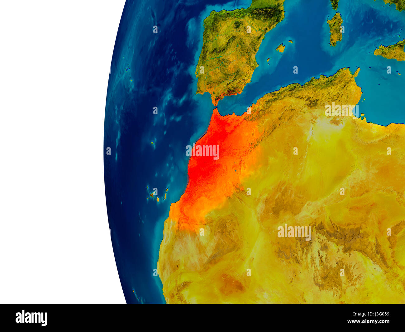 Le Maroc a souligné en rouge sur le modèle détaillé de la planète Terre. 3D illustration. Éléments de cette image fournie par la NASA. Banque D'Images
