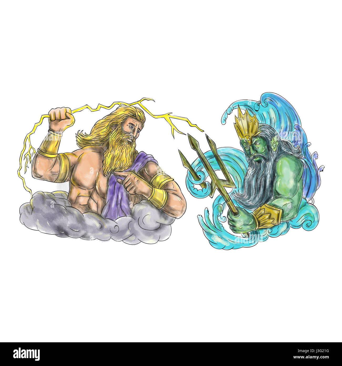 Illustration style de tatouage de Zeus, le dieu grec du ciel et maître des dieux de l'Olympe brandissant tenant un foudre thunderbolt contre poséidon vertige Banque D'Images