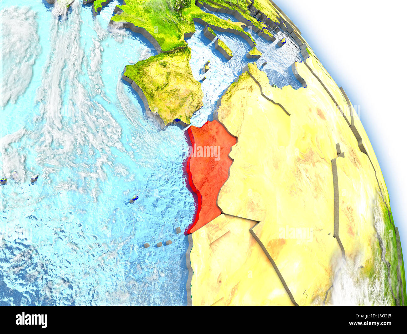 Moroccoin couleur rouge sur le modèle de la Terre. Illustration 3D détaillés avec surface de la planète, des nuages, et à l'image de l'océan. Éléments de cette image é Banque D'Images