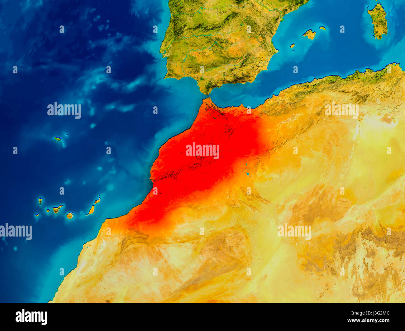 Le Maroc a souligné en rouge sur la carte physique. 3D illustration. Éléments de cette image fournie par la NASA. Banque D'Images