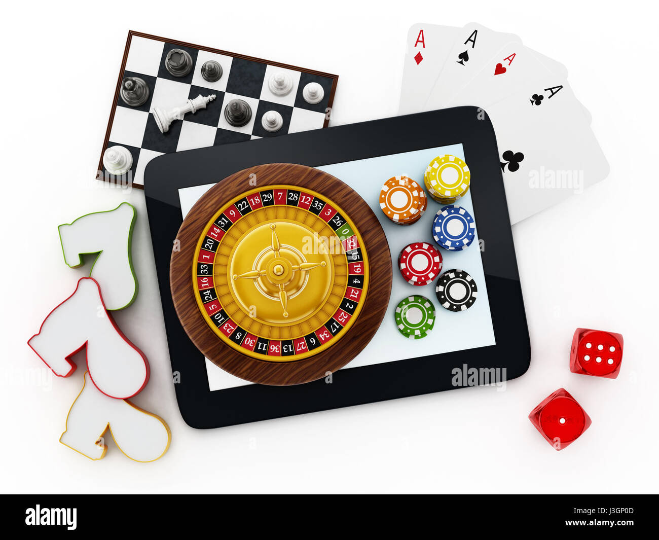 Tablet computer, jeux de cartes, roulette, jetons, dés isolé sur fond blanc Banque D'Images