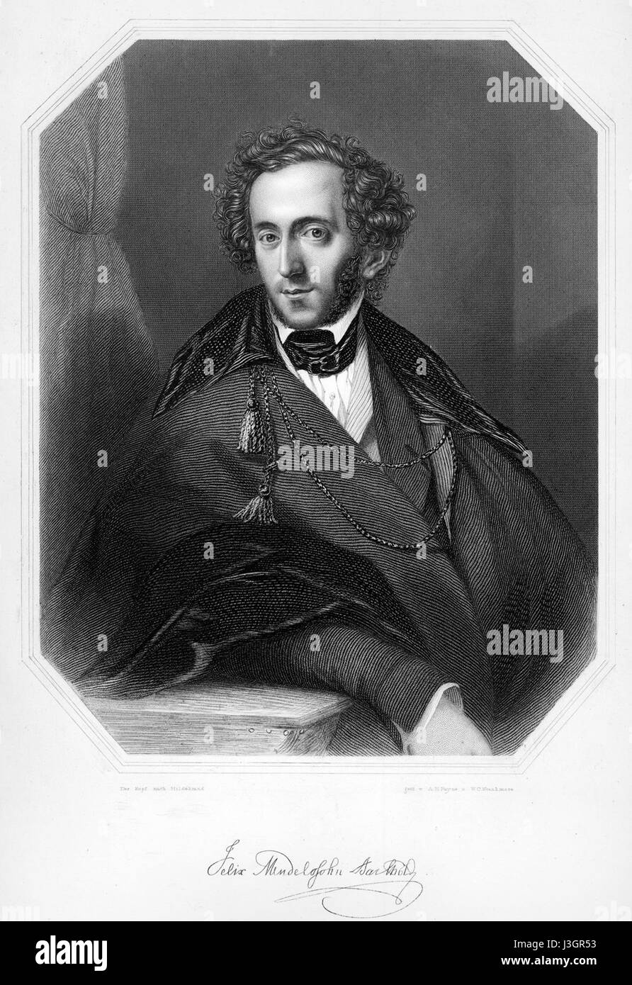 Felix Mendelssohn Bartholdy, compositeur allemand renommé, est représenté dans un portrait du XIXe siècle portant un manteau doctorâ€™s. Cette image emblématique souligne ses contributions intellectuelles à la musique et souligne sa stature en tant que figure respectée dans le monde de la musique classique. Banque D'Images