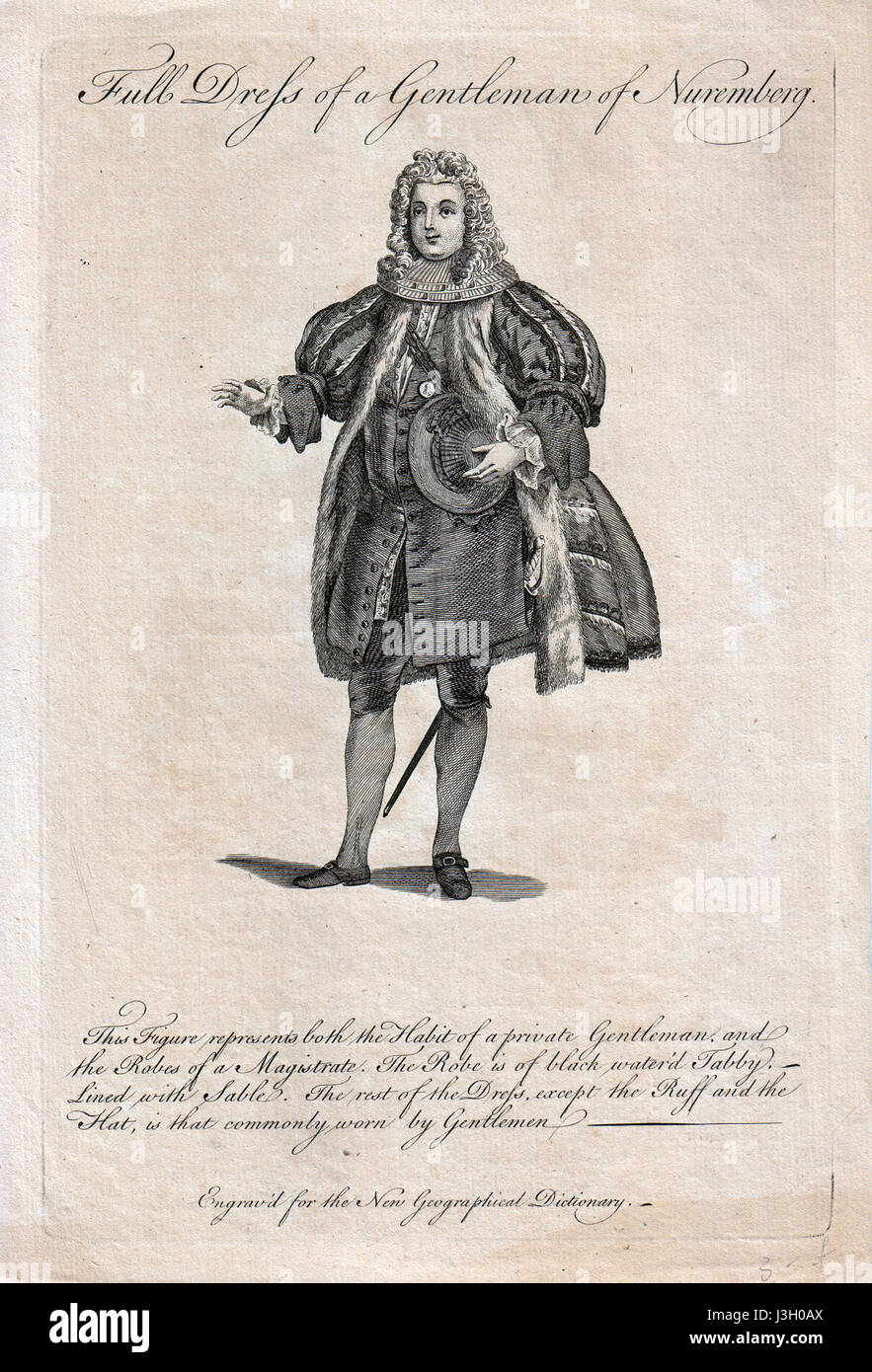 La robe complète d'un gentleman de Nuremberg, telle que décrite dans le 'New Geographical Dictionary', reflète la mode et le statut social de l'époque. Cette représentation offre un aperçu de la tenue vestimentaire et des pratiques culturelles de Nuremberg du XVIIIe siècle. Banque D'Images
