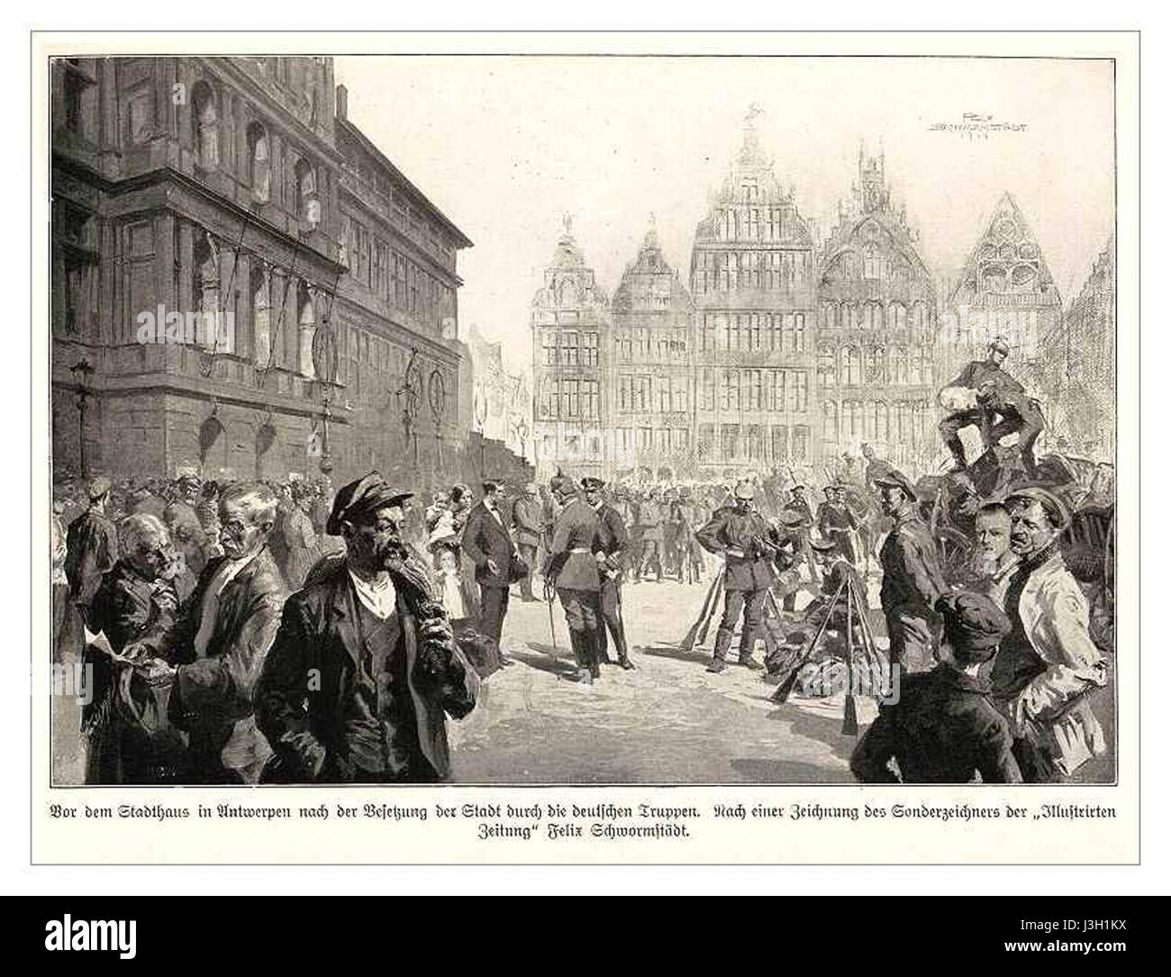 Illustrierte Weltkriegskronik de Felix Schwormstadt est une chronique illustrée des événements de la guerre mondiale. Cette édition spécifique se concentre sur la ville d'Anvers, fournissant un enregistrement visuel de l'impact de la guerre sur cette région. Banque D'Images
