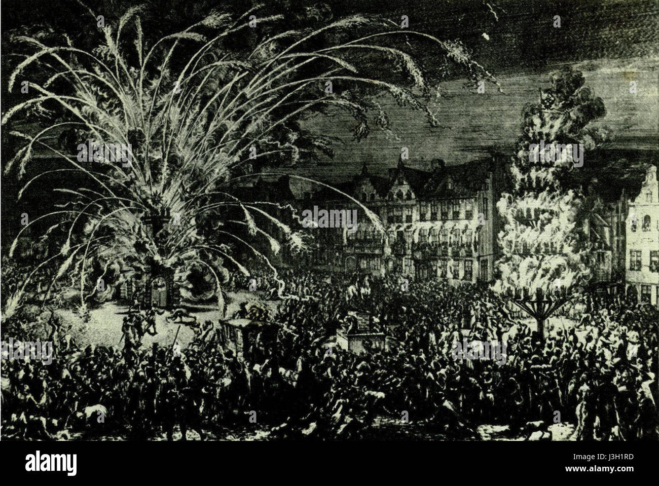 En 1686, un grand feu d'artifice a été organisé à Bruxelles pour célébrer la libération de la Hongrie. Cet événement marqua un moment important dans l'histoire européenne, en particulier dans le contexte des guerres ottoman-Habsbourg, où la Hongrie fut libérée du contrôle ottoman. La célébration a mis en évidence l'utilisation des feux d'artifice comme symbole de victoire et d'unité européenne pendant cette période. Banque D'Images