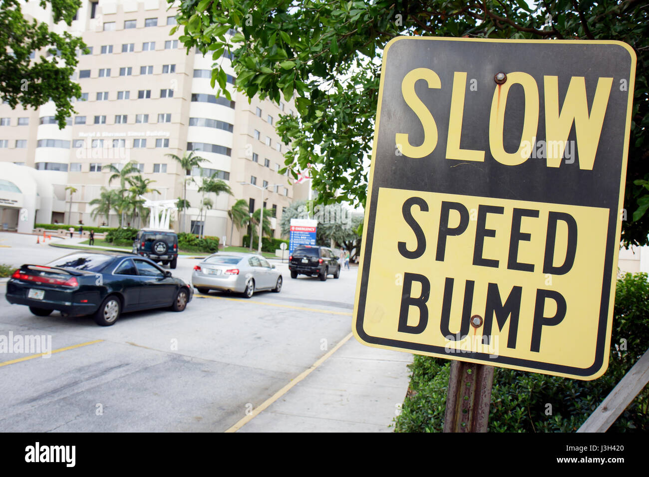 Miami Beach Floride, Mt. Centre médical Mount Sinai,centre,hôpital,santé,panneau,lent,bosse de vitesse,voitures,conduite,avertissement,sécurité routière,FL080911077 Banque D'Images