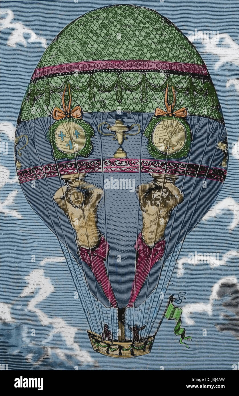 Le transport. 18e siècle. Vol en ballon à air chaud. Gravure, 19ème siècle. Banque D'Images