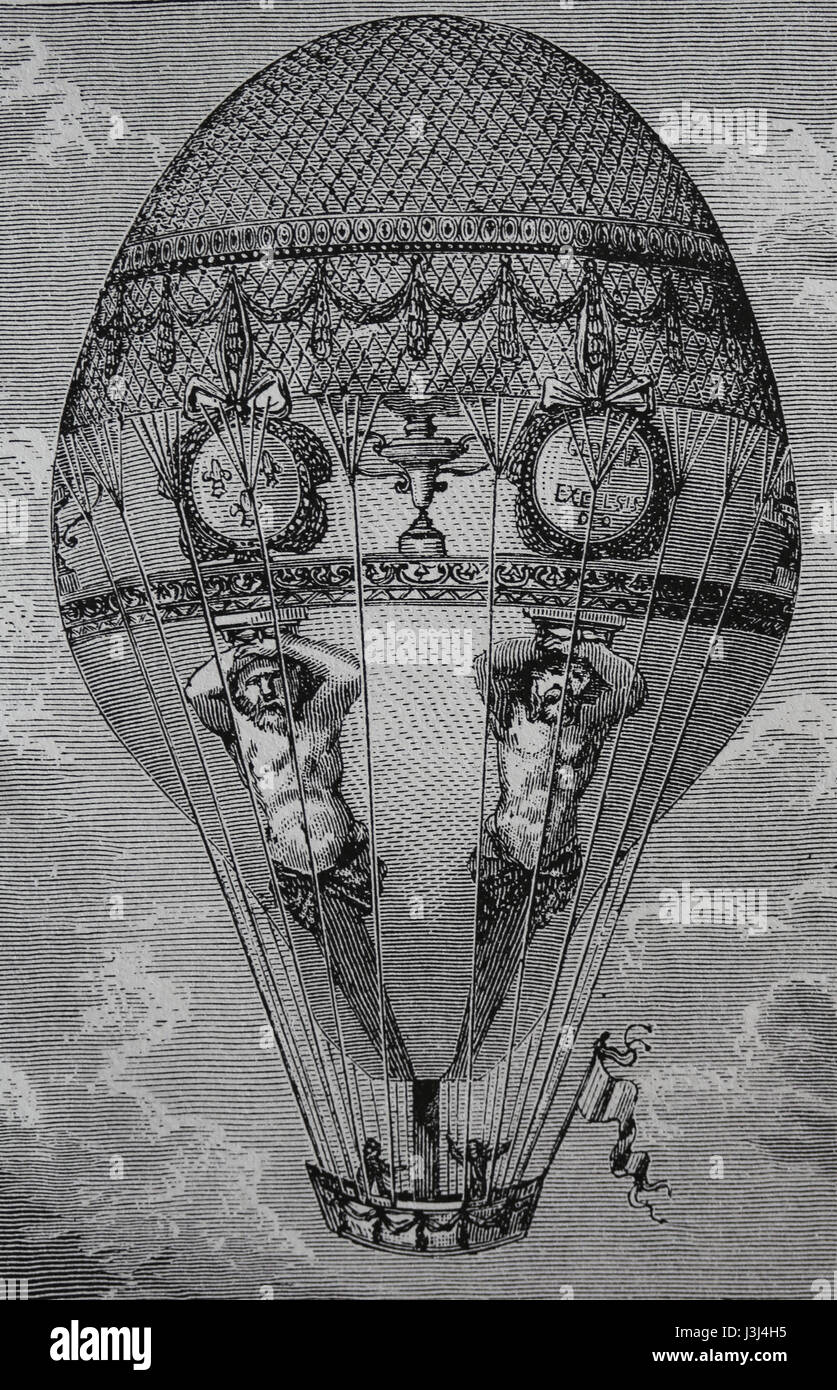 Le transport. 18e siècle. Vol en ballon à air chaud. Gravure, 19ème siècle. Banque D'Images