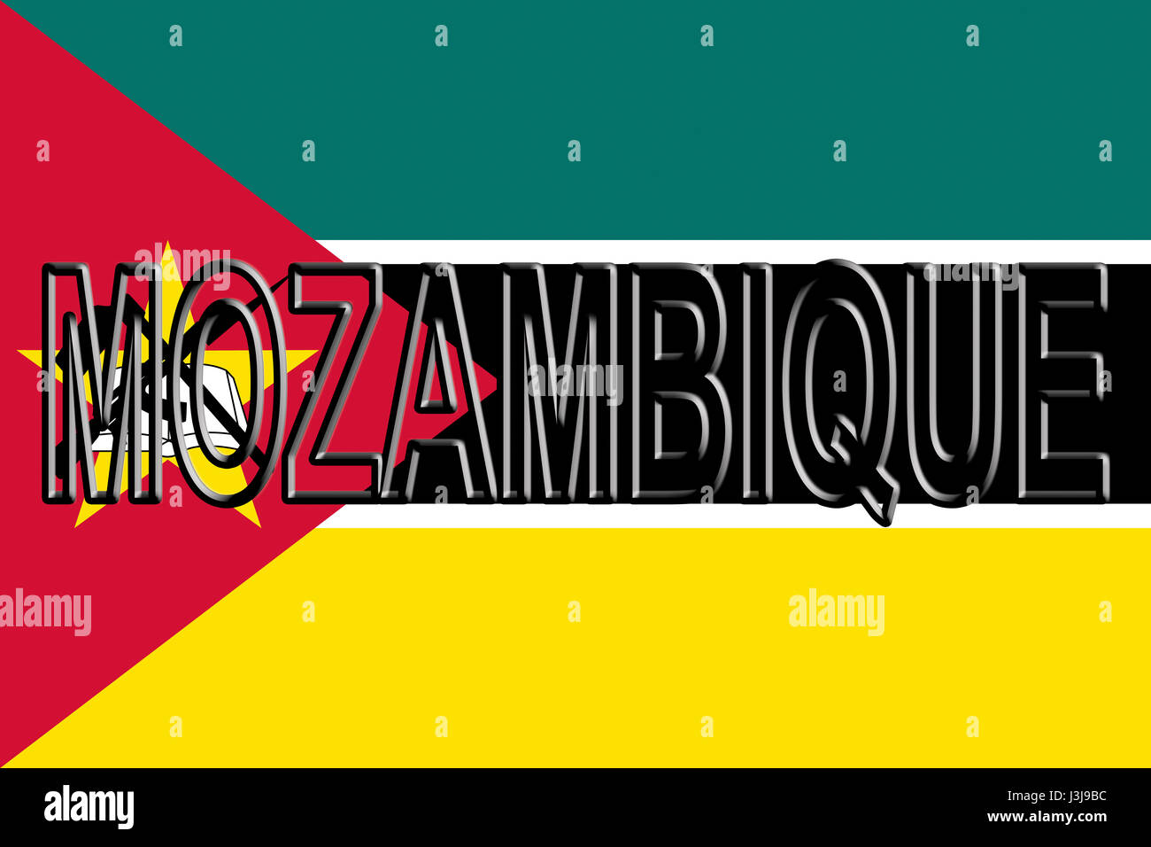 Illustration du drapeau national du Mozambique avec le pays écrit sur le drapeau. Banque D'Images