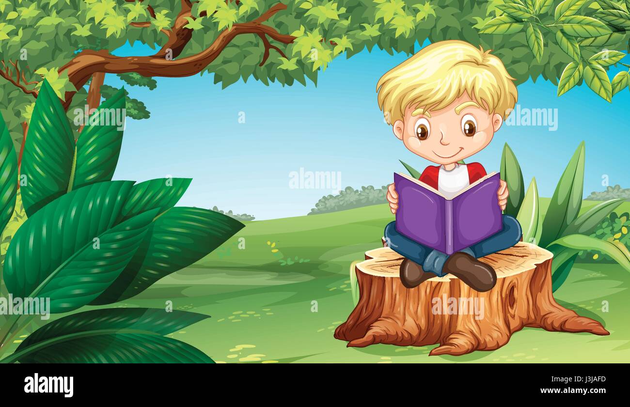 Cute boy reading book in park illustration Illustration de Vecteur