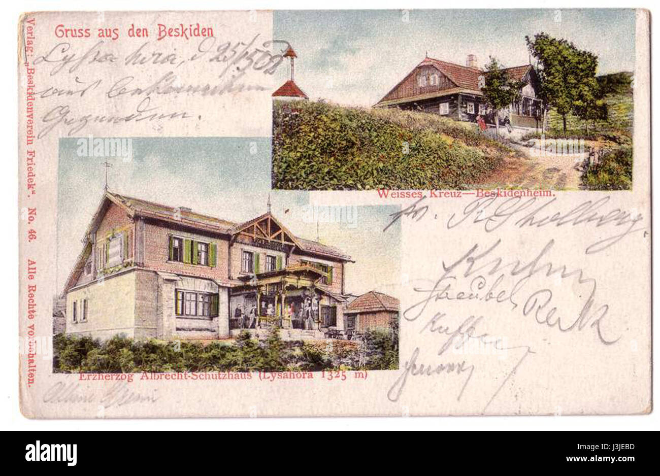 Il s'agit d'une carte postale historique ou d'une illustration des Beskiden (Carpates) montagnes en Europe de l'est, mettant en valeur la beauté naturelle de la région. Banque D'Images