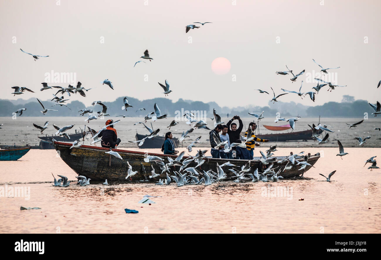 L'alimentation des touristes sur les oiseaux le Gange à Varanasi, en Inde comme le soleil se lève. Banque D'Images