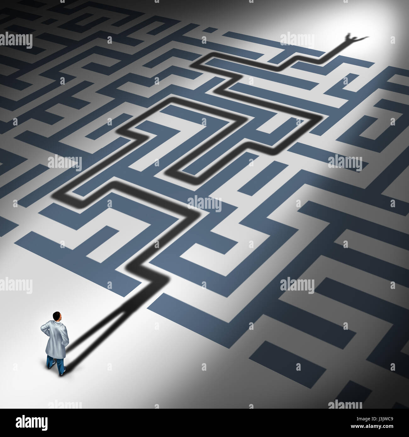 Solution de soins de santé ou de soins concept découverte à l'ombre d'un médecin résoudre un labyrinthe qui représente le succès dans la recherche médicale 3d'une illustrati Banque D'Images