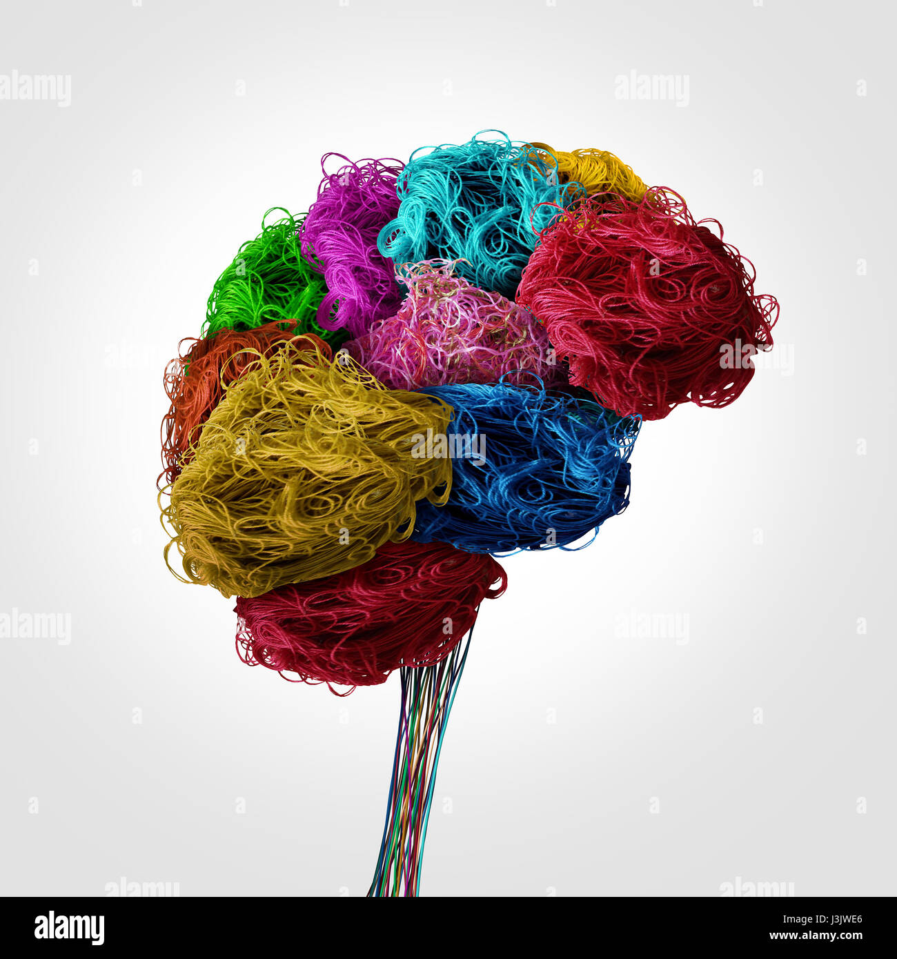 Tangled cerveau humain concept comme un organe de la pensée faite de fil à coudre et le fil textile comme un symbole de la personnalité ou de la psychologie pour la neurologie. Banque D'Images