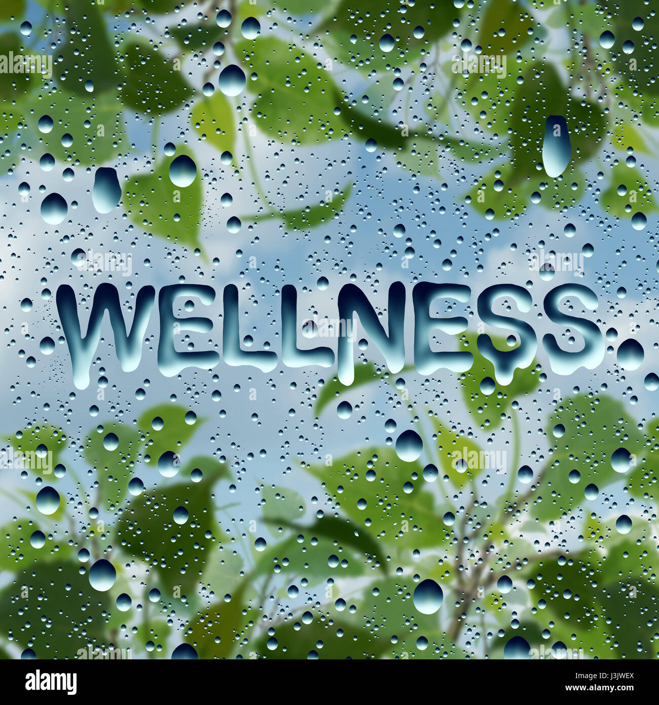 Symbole de santé bien-être et santé naturelle de symbole de vie que l'eau tombe sur une fenêtre avec du texte et une plante avec ciel en tant que l'harmonie. Banque D'Images