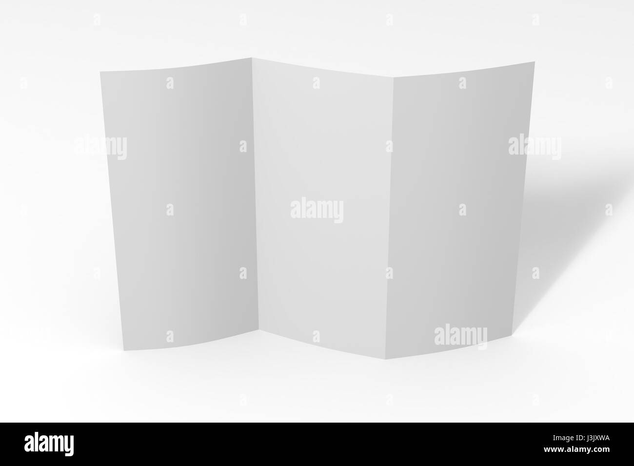 Trois vierges de plier du papier brochure sur fond blanc avec des ombres douces et faits saillants Banque D'Images