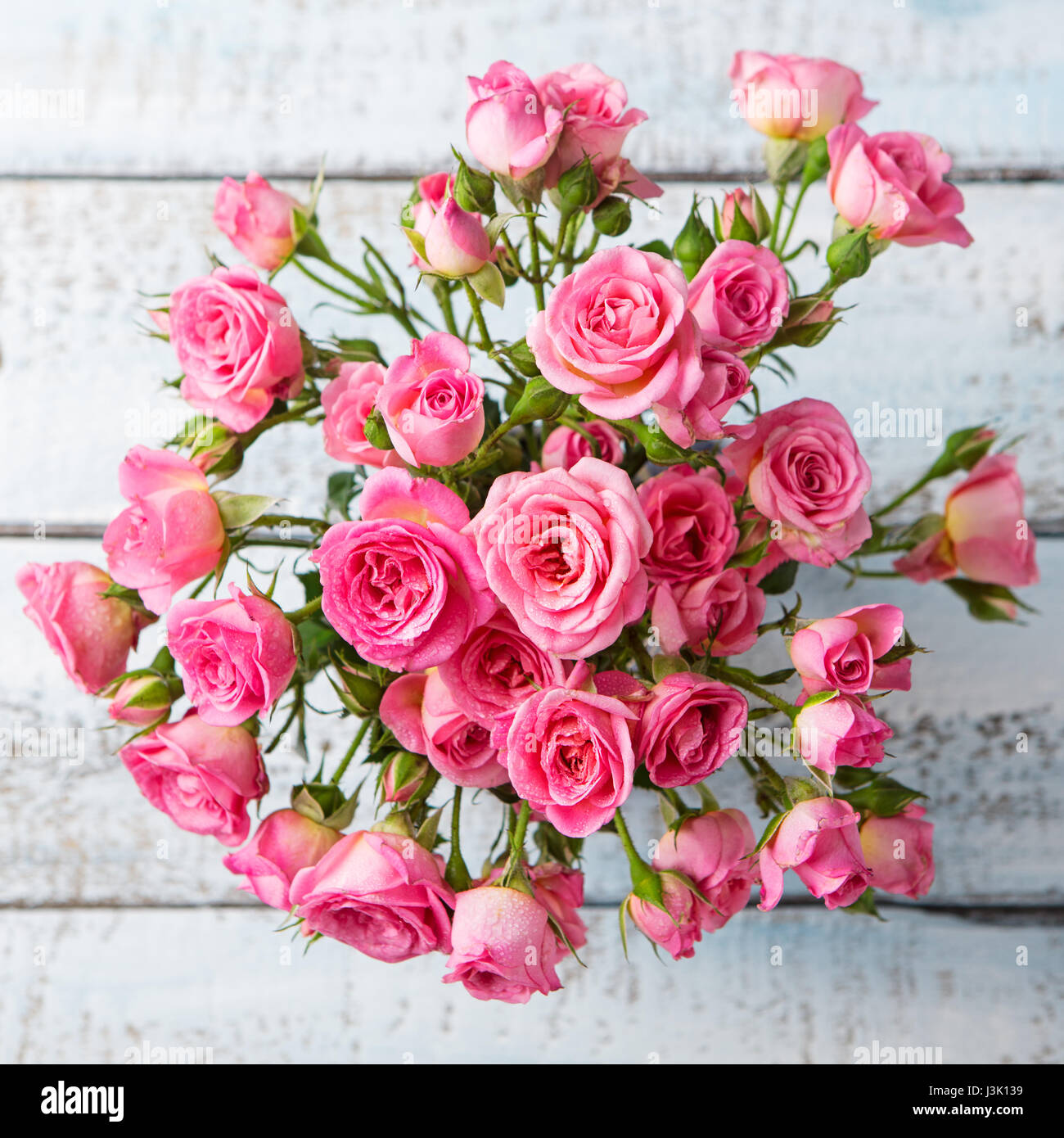 Fleurs rose dans un vase. Beau bouquet romantique. Copier l'espace. Vue d'en haut Banque D'Images