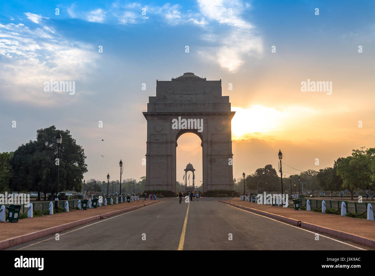 La porte de l'Inde Delhi - un monument commémoratif de guerre historique sur Rajpath road au lever du soleil. Banque D'Images