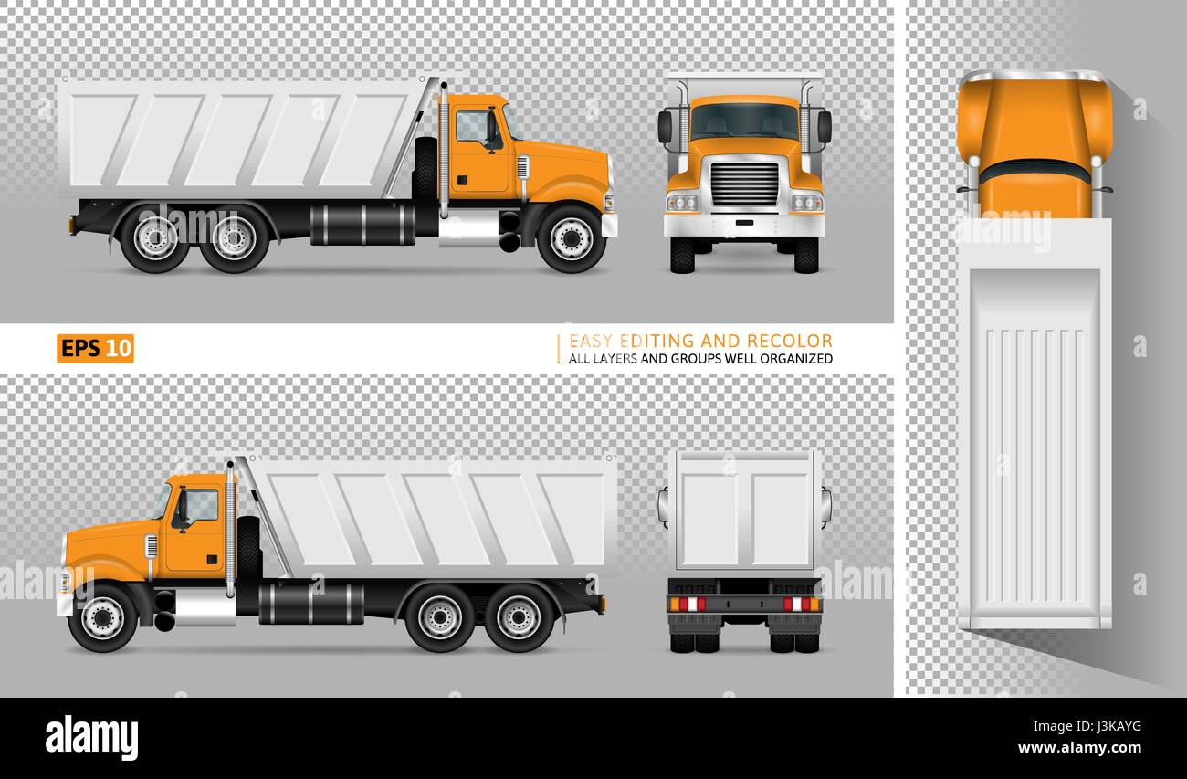 Vector dump truck. Camion benne basculante sur fond transparent. Tous les éléments dans les groupes ont des noms, voir d'autre sont sur des calques séparés pour faciliter les modifications Illustration de Vecteur