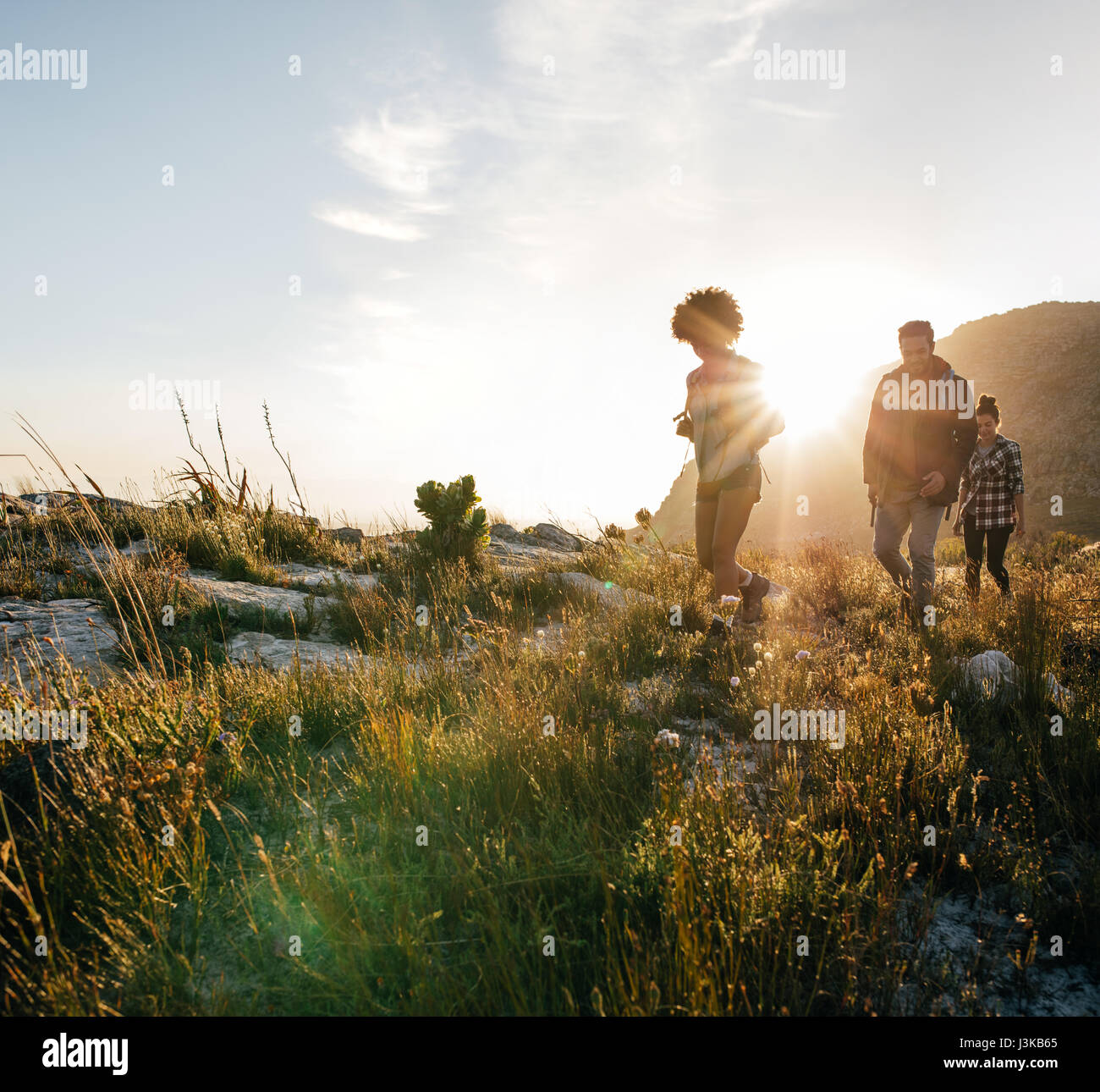 Groupe d'amis sont la randonnée en montagne sur une journée ensoleillée. Les jeunes gens marchant à travers la campagne. Banque D'Images