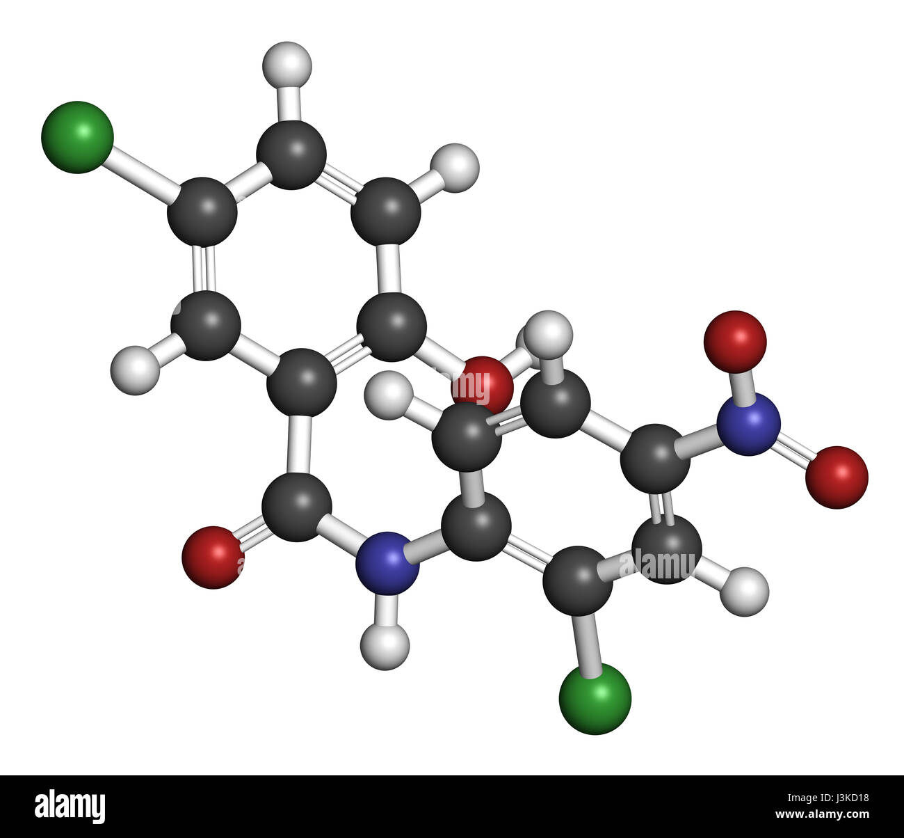 Ténia Niclosamide (molécule du médicament anthelmintique). Peut être utile comme médicament antidiabétique oral, agissant comme un découpleur mitochondriale. Les atomes sont représentés comme des s Banque D'Images