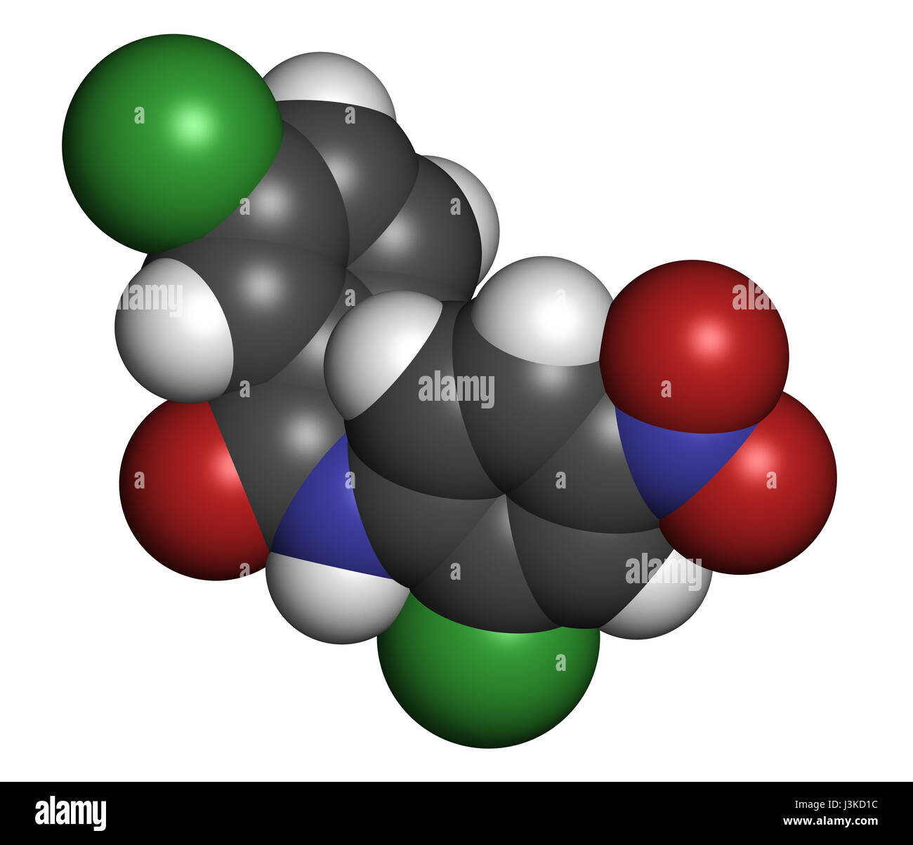Ténia Niclosamide (molécule du médicament anthelmintique). Peut être utile comme médicament antidiabétique oral, agissant comme un découpleur mitochondriale. Les atomes sont représentés comme des s Banque D'Images