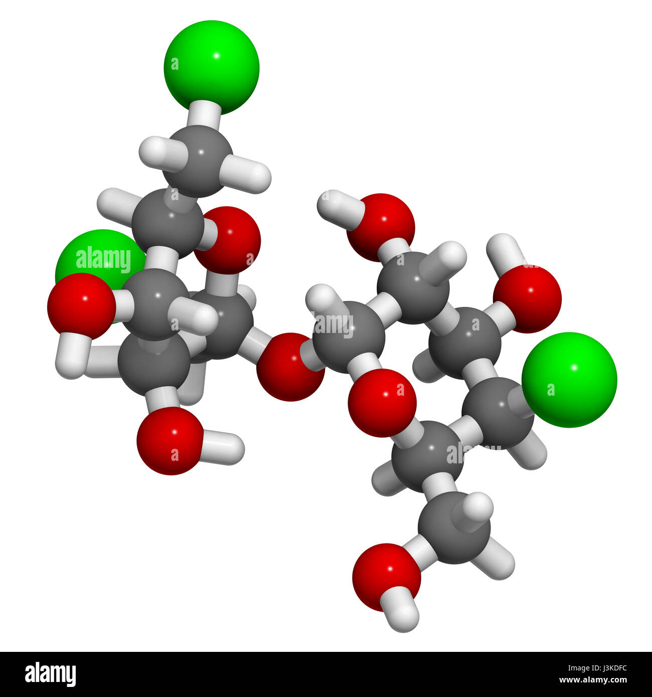 Le sucralose édulcorant molécule. Utilisé comme substitut du sucre. Les atomes sont représentés comme des sphères classiques avec codage couleur : blanc (hydrogène), Banque D'Images