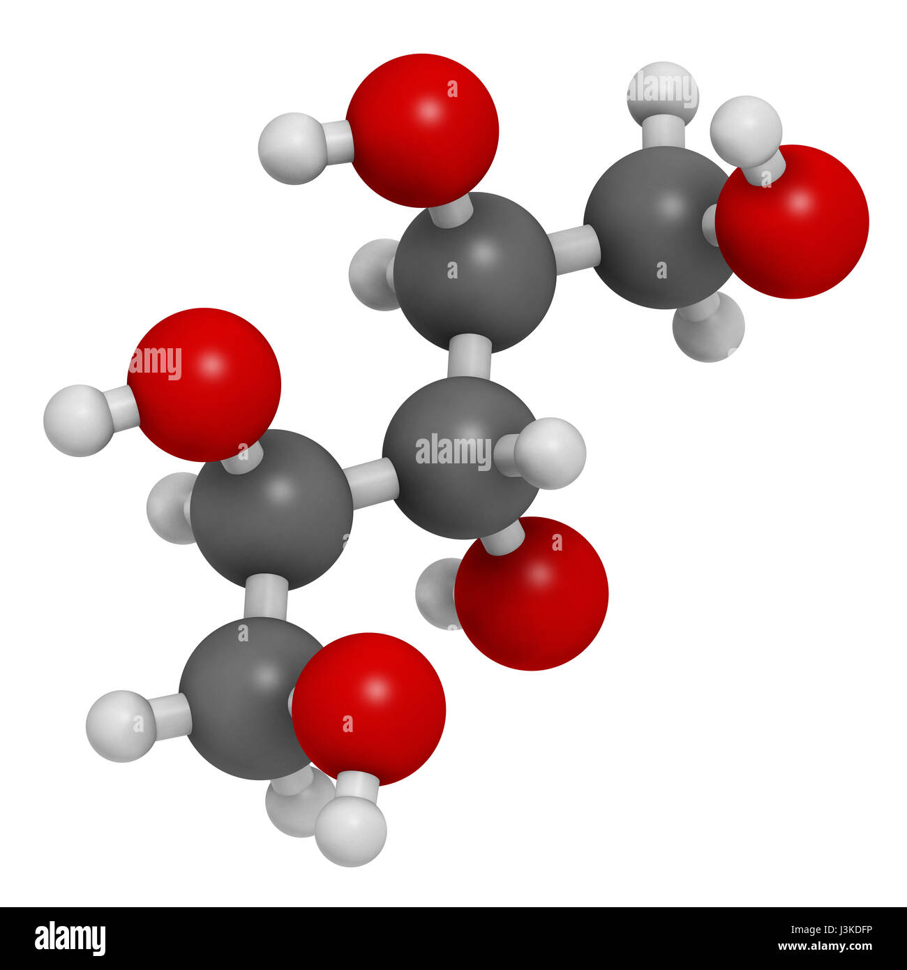 Le xylitol édulcorant molécule. Utilisé comme substitut du sucre. Les atomes sont représentés comme des sphères classiques avec codage couleur : blanc (hydrogène), ca Banque D'Images